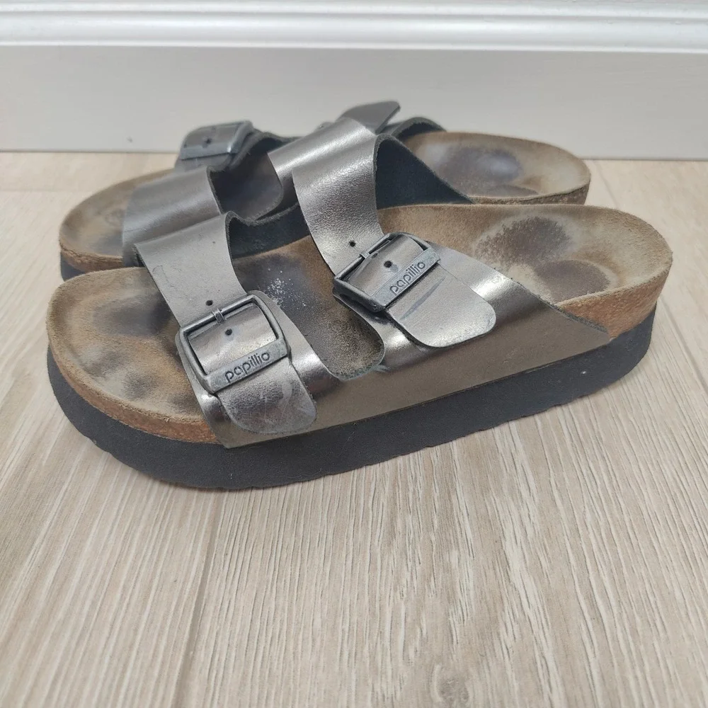 Papillio Birkenstock Arizona Platform Sandals Womens 36 Pewter Metallic Slides